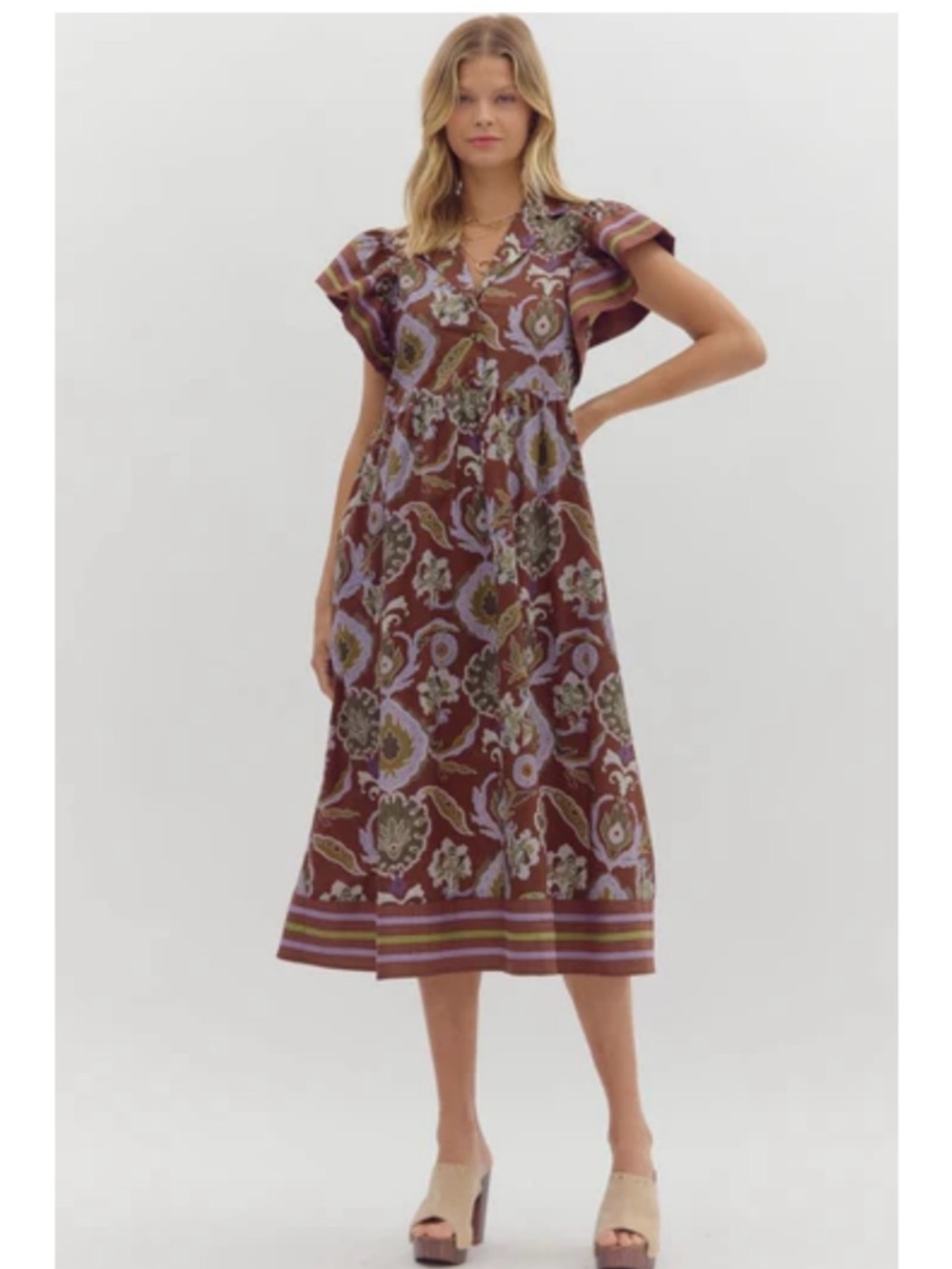entro Brown Paisley Midi Dress with Lavender Accents